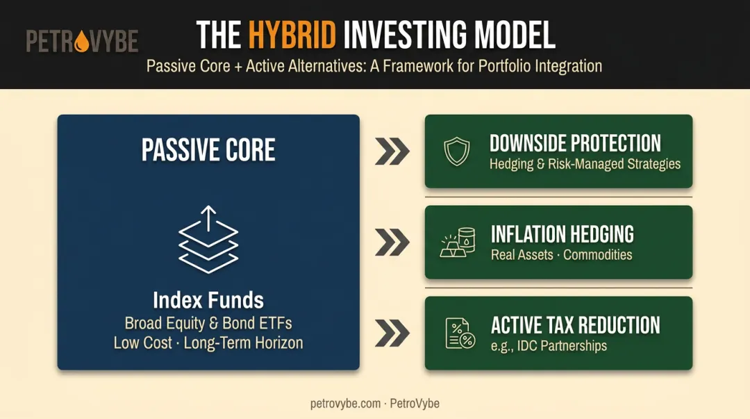 Hybrid investing strategy framework combining passive core with active alternative allocations