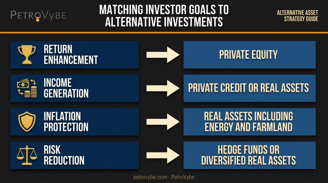 Alternative investment goal matching framework mapping four objectives to asset categories