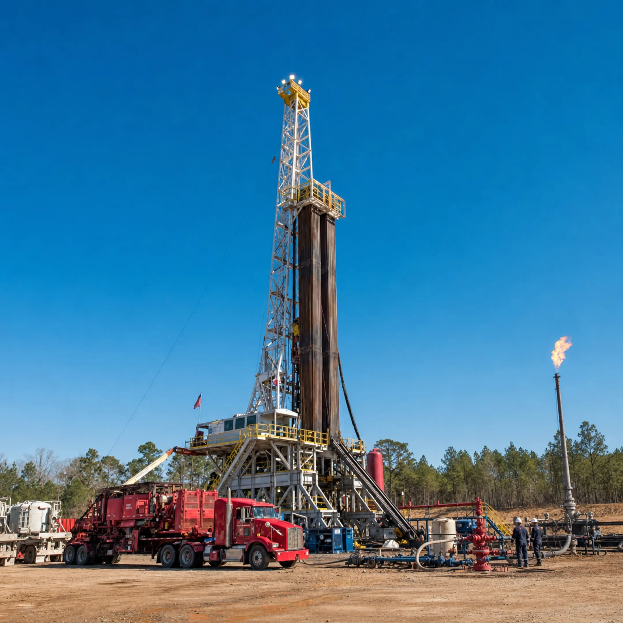 Natural gas drilling rig operating at oil and gas development site