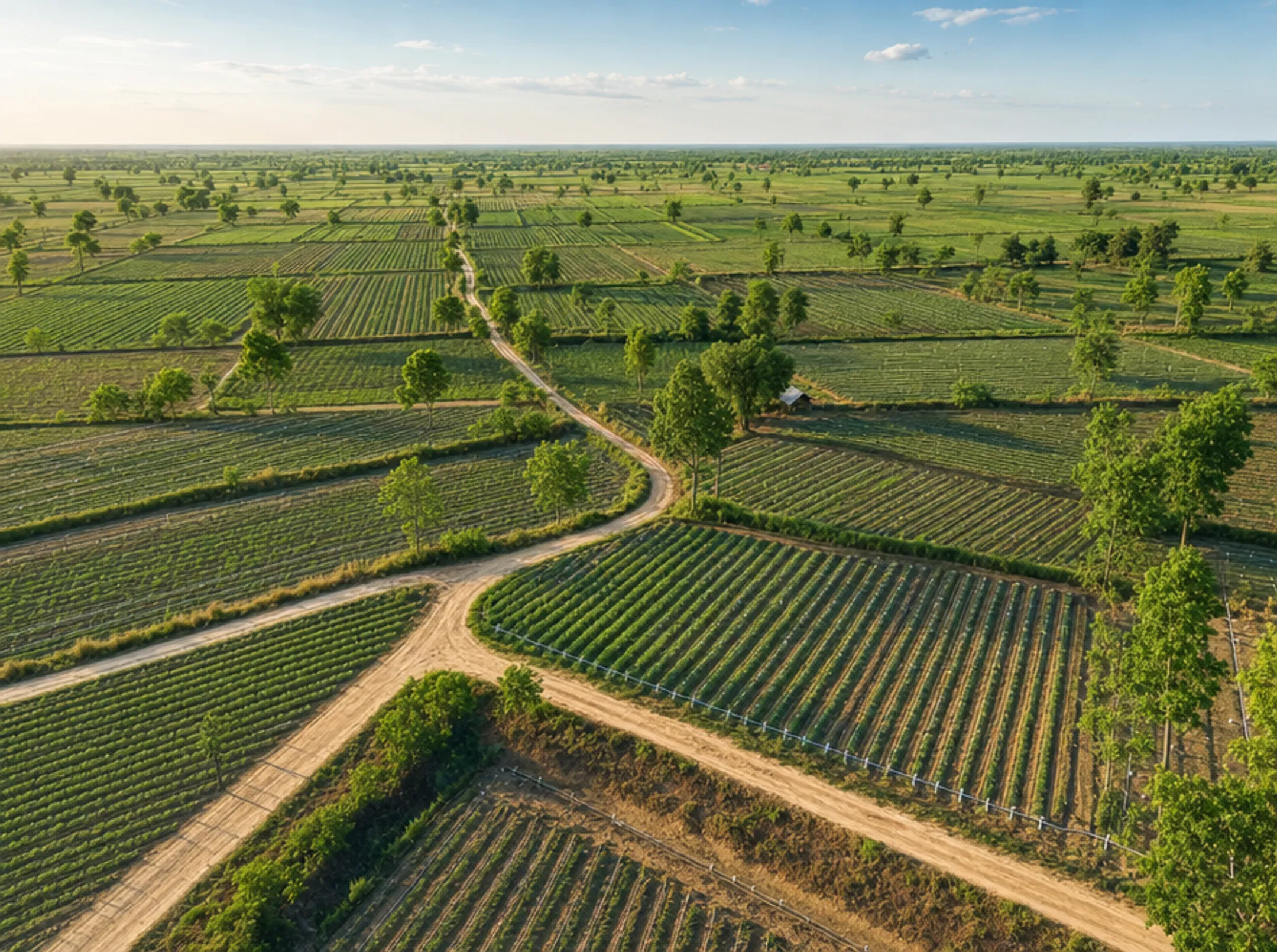 Aerial view of fractional farmland investment property with crop rows