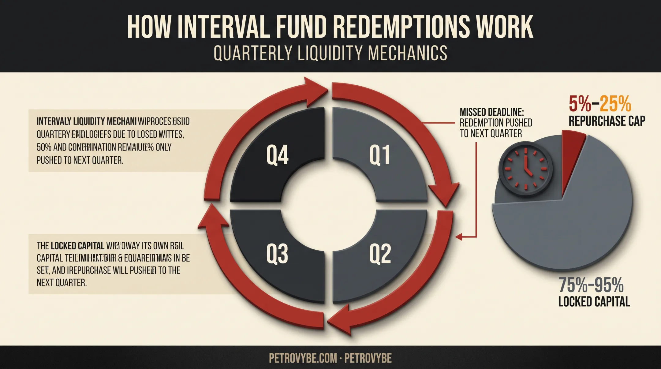 Interval fund redemption window mechanics showing capped repurchase percentages