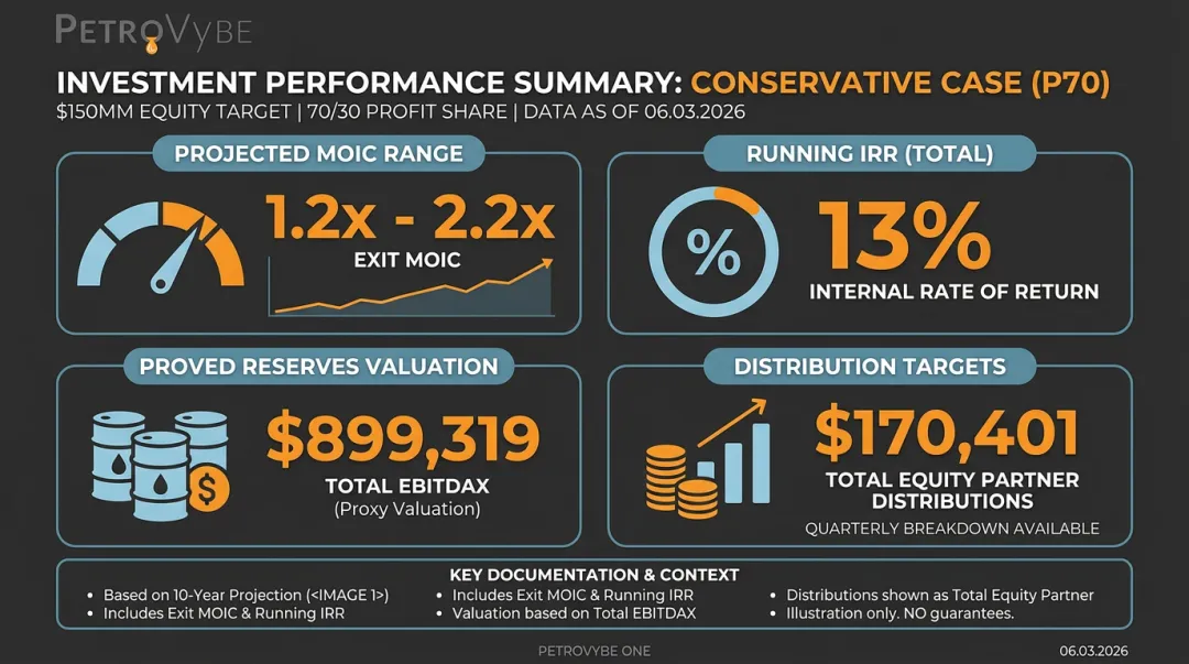 PetroVybe oil and gas investment returns dashboard showing MOIC IRR and distribution projections