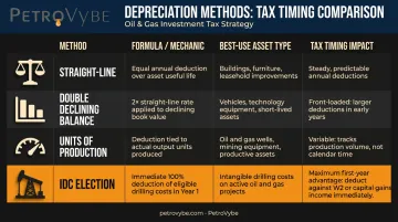Depreciation methods comparison infographic straight-line accelerated units-of-production and IDC tax benefits