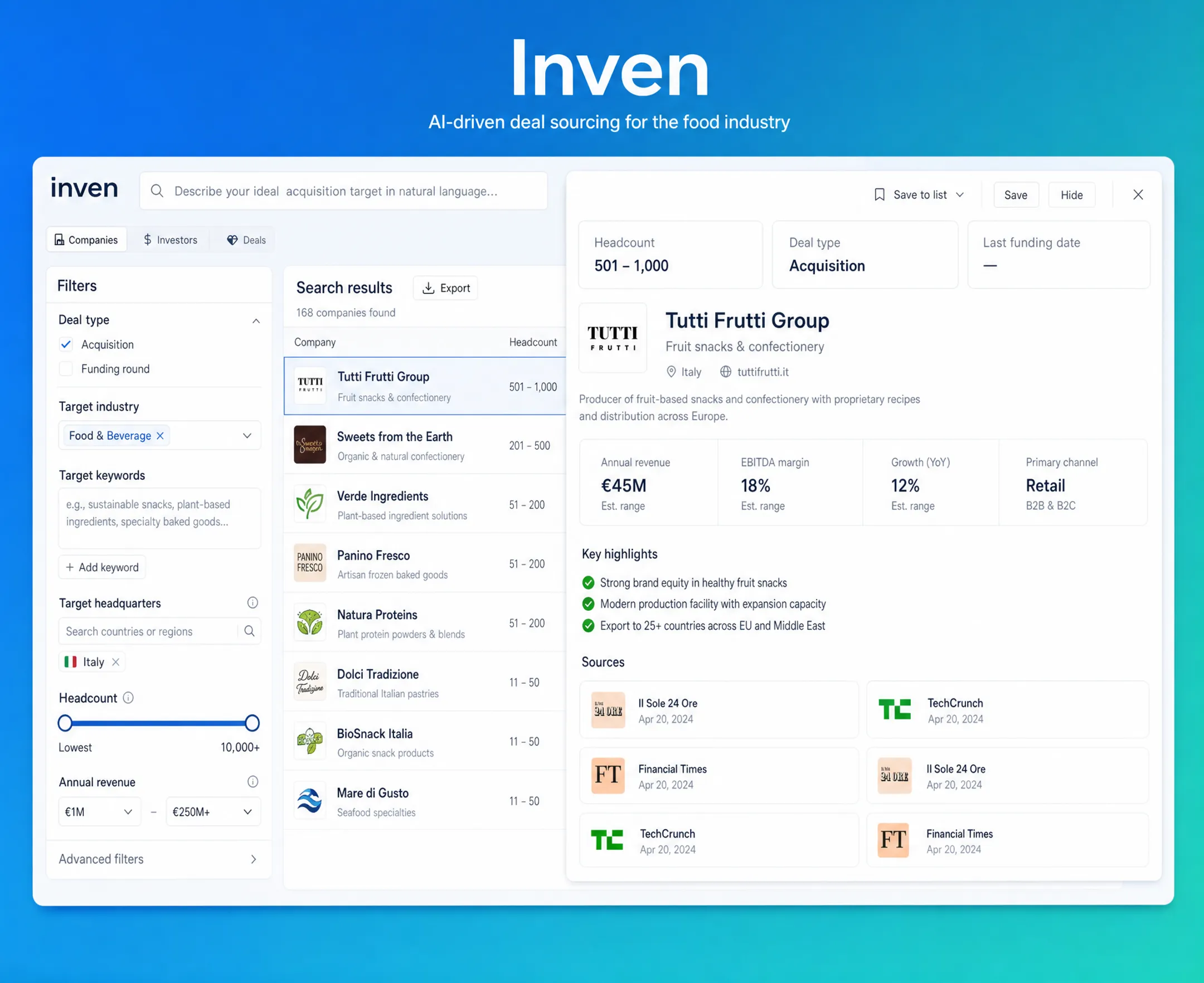 AI-powered deal sourcing platform interface highlighting private company search results