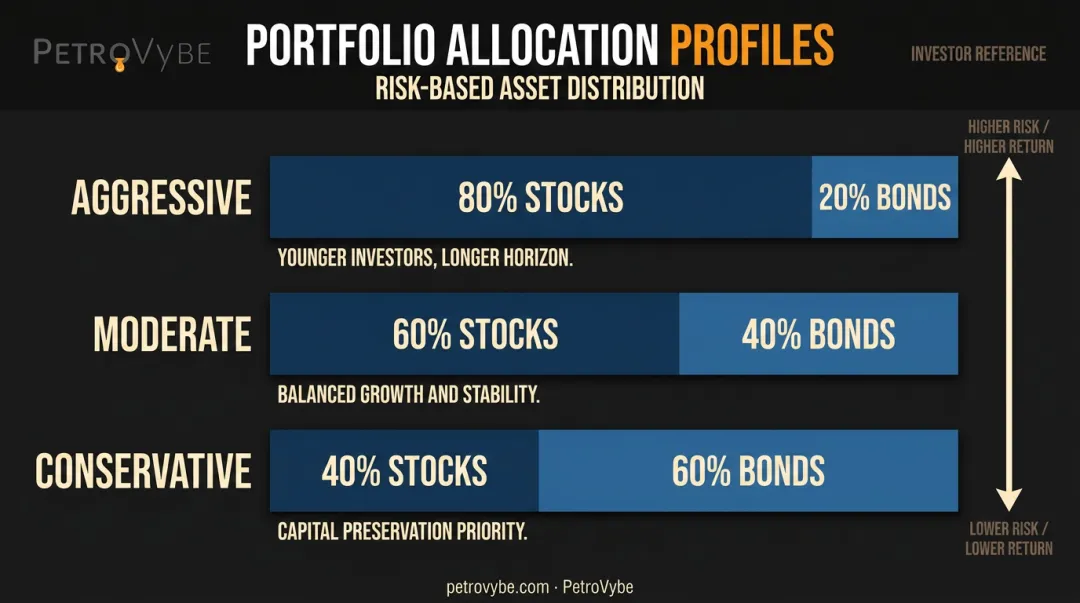 Three portfolio risk profiles aggressive moderate conservative allocation comparison chart