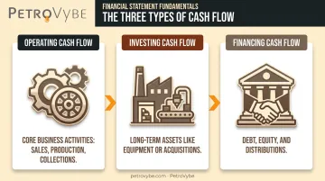Three types of cash flow operating investing and financing infographic