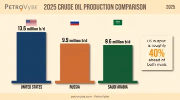 US versus Russia and Saudi Arabia crude oil production comparison 2025