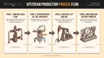 Upstream oil and gas production process from wellhead flow to custody transfer