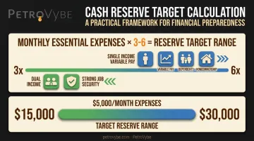 Cash reserve calculation formula showing 3 to 6 month multiplier example