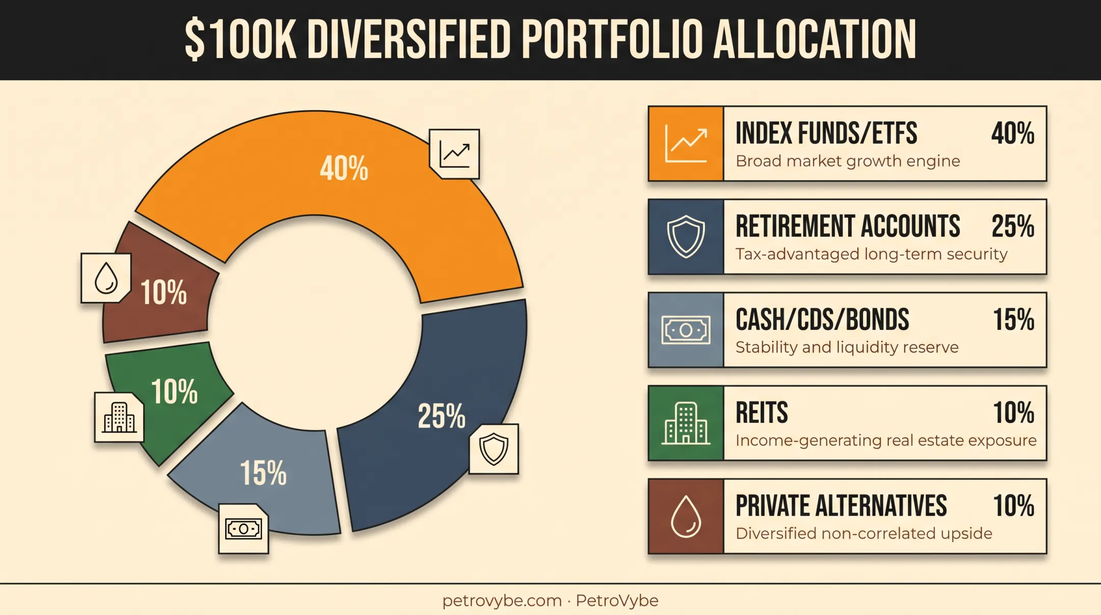 moderate-risk $100k portfolio allocation breakdown by category pie chart