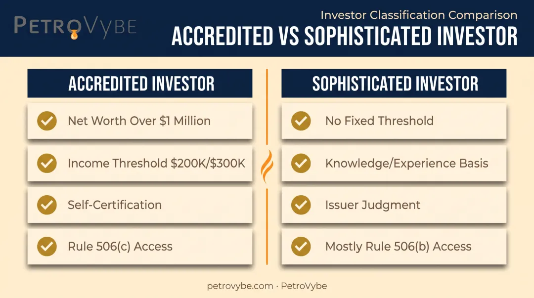 Accredited versus sophisticated investor comparison chart showing criteria differences