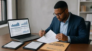 Investor reviewing due diligence documents and financial reports before private investment