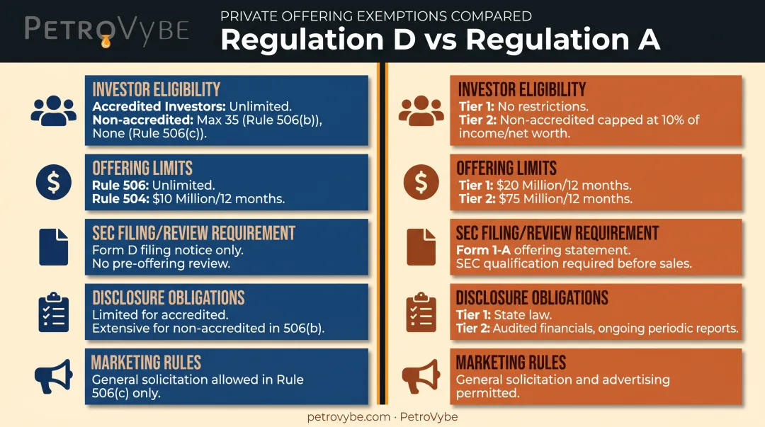 Reg D versus Reg A comparison chart of investor eligibility and limits