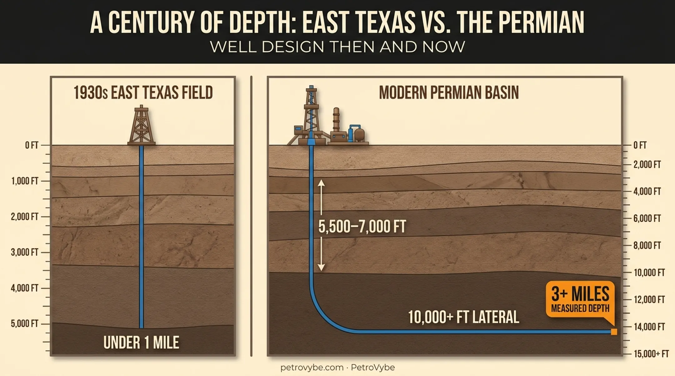Vertical versus horizontal Texas oil well depth comparison diagram