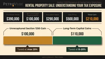 Rental property sale gain breakdown showing Section 1250 recapture versus capital gains split