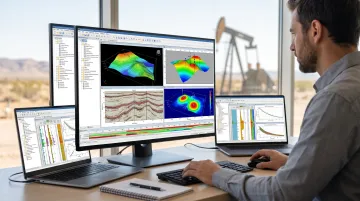Oil and gas geologists reviewing well-site selection data on screen