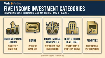 Five common types of income investments compared by cash flow source