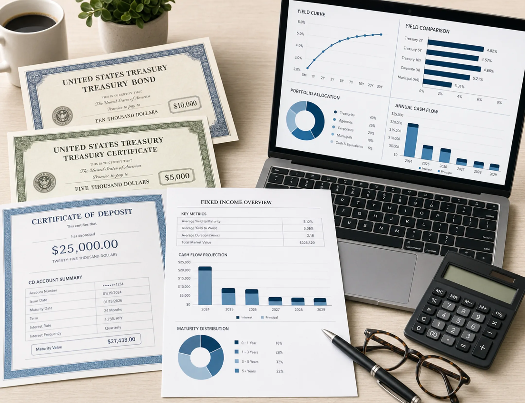 Stack of US Treasury bonds and certificates of deposit documents