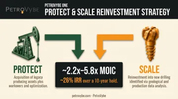 PetroVybe PROTECT and SCALE reinvestment strategy showing MOIC and IRR targets