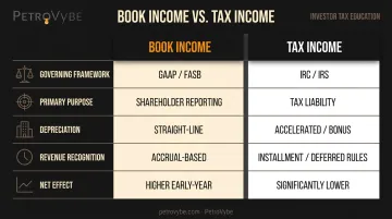 Book income versus tax income five-category side-by-side comparison infographic