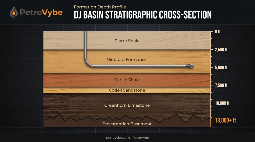 DJ Basin stacked geological formations from Pierre Shale to Greenhorn Limestone