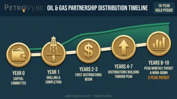 Oil and gas investment distribution timeline from capital commitment to peak payout