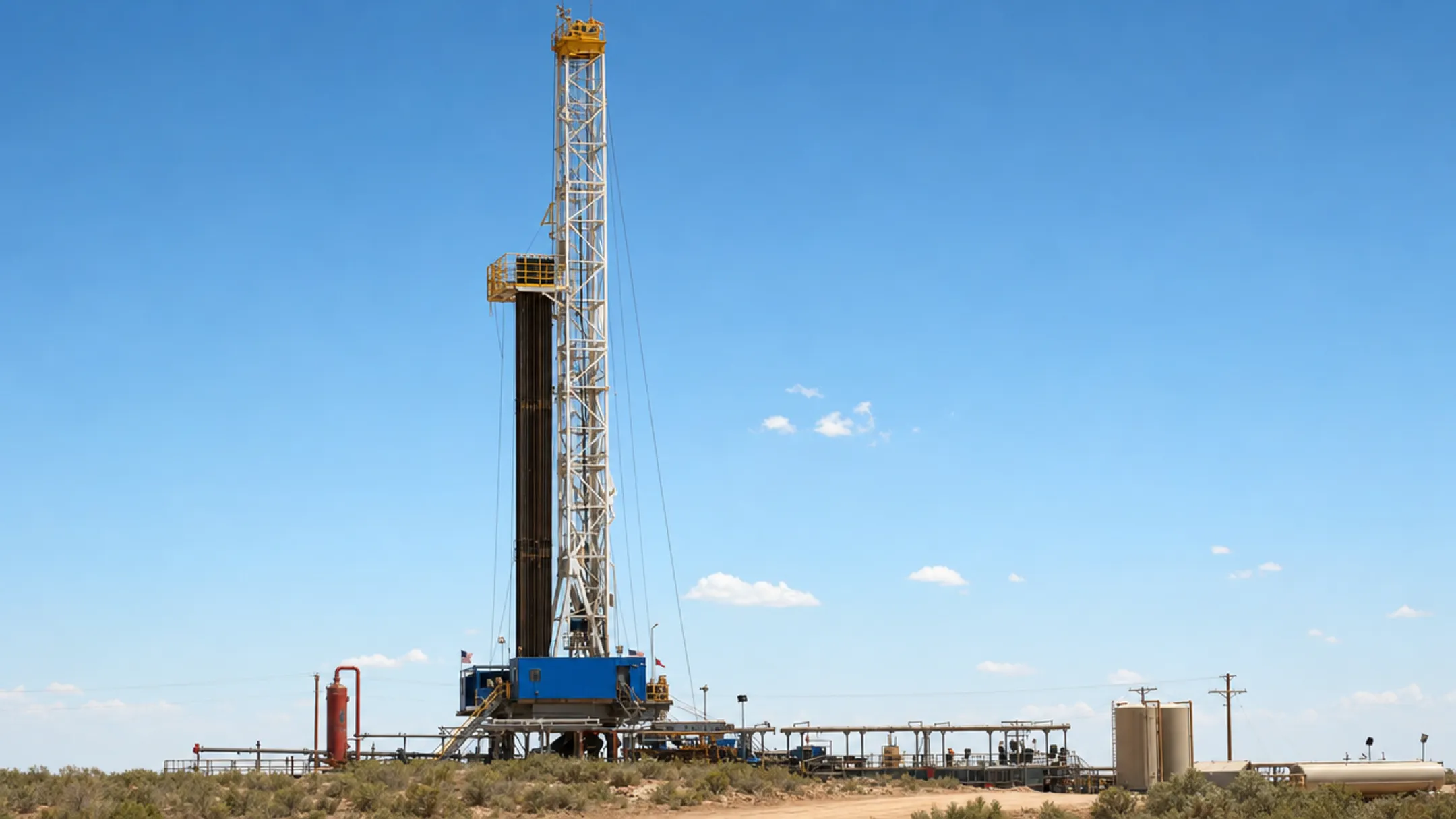 Natural gas drilling well site operation in rural Texas landscape