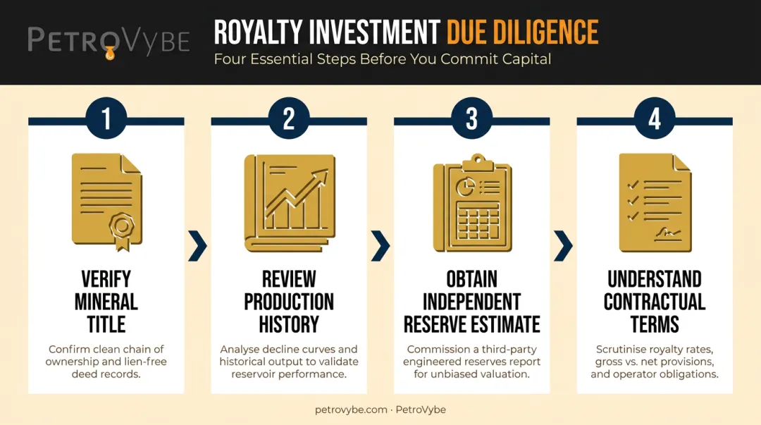 Four-step oil and gas royalty investment due diligence process flow infographic