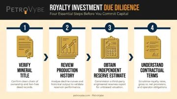 Four-step oil and gas royalty investment due diligence process flow infographic