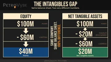 Net assets versus net tangible assets 100 percent divergence comparison infographic
