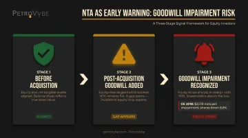 Goodwill write-down risk timeline showing equity versus net tangible assets early warning signal