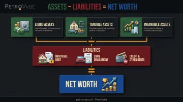 Net worth formula breakdown showing assets minus liabilities calculation