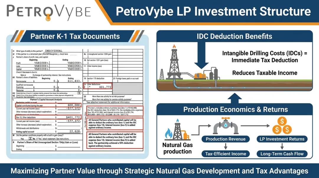 PetroVybe LP partnership K-1 tax document and IDC deduction summary dashboard