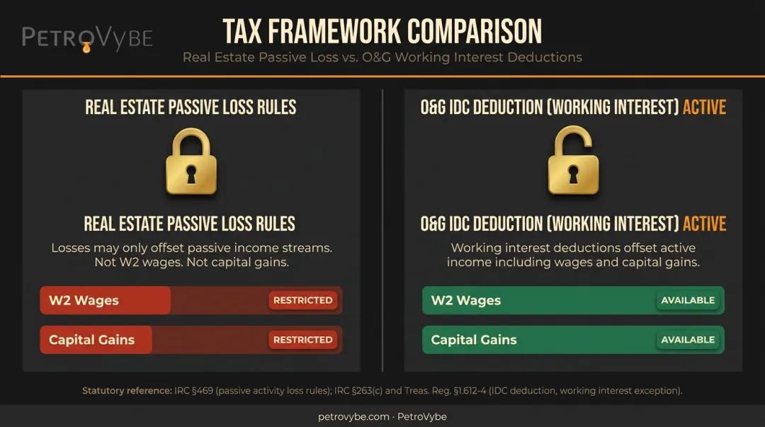 Oil and gas IDC deduction versus real estate passive loss rules tax treatment comparison