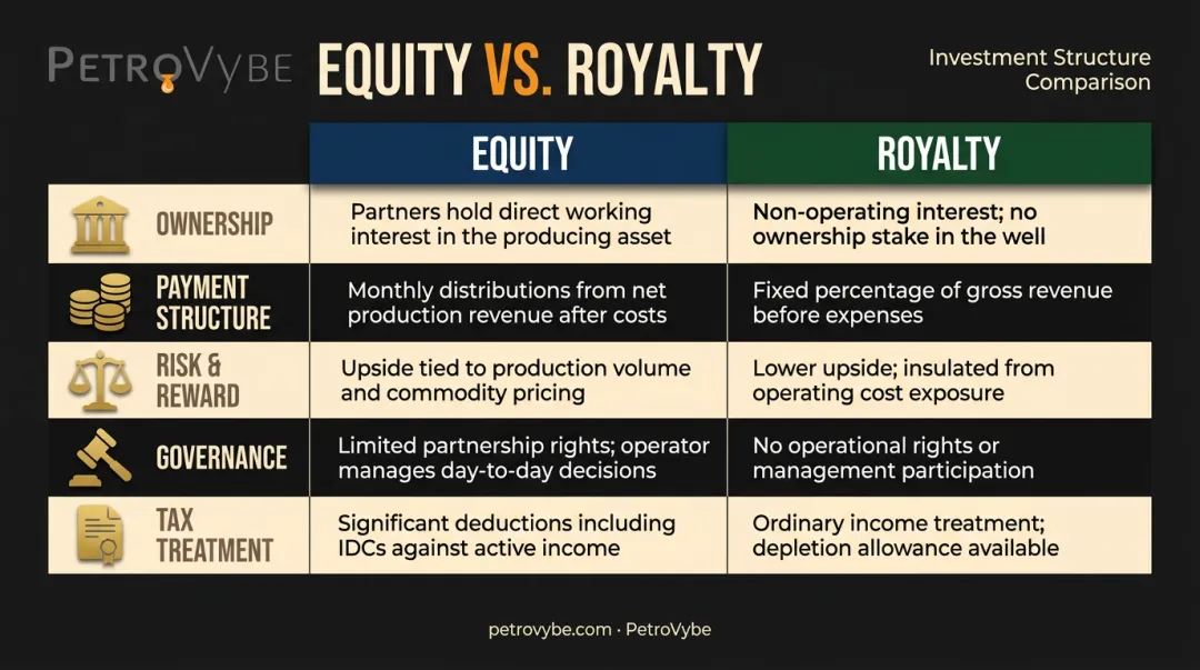 Equity versus royalty investment structure five-dimension comparison chart