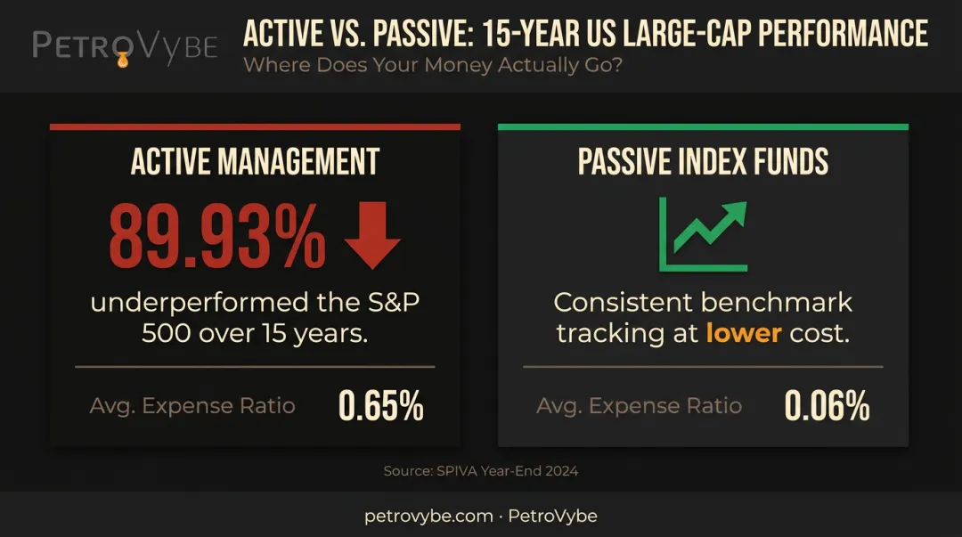 Active versus passive fund 15-year S&amp;P 500 underperformance rate comparison infographic