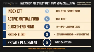 Five investment fund types fee structure comparison from index ETF to private placement
