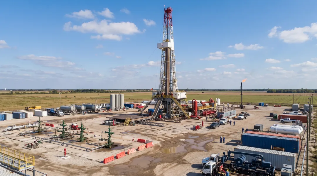 Natural gas drilling rig and production wells at oil field site