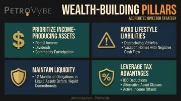 Four wealth building strategies income assets liquidity diversification and tax management infographic