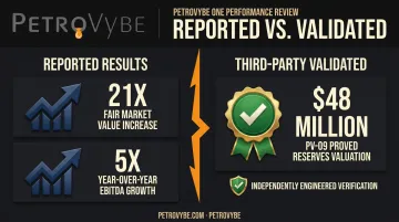 Compound asset case study infographic comparing reported results to validated reserves
