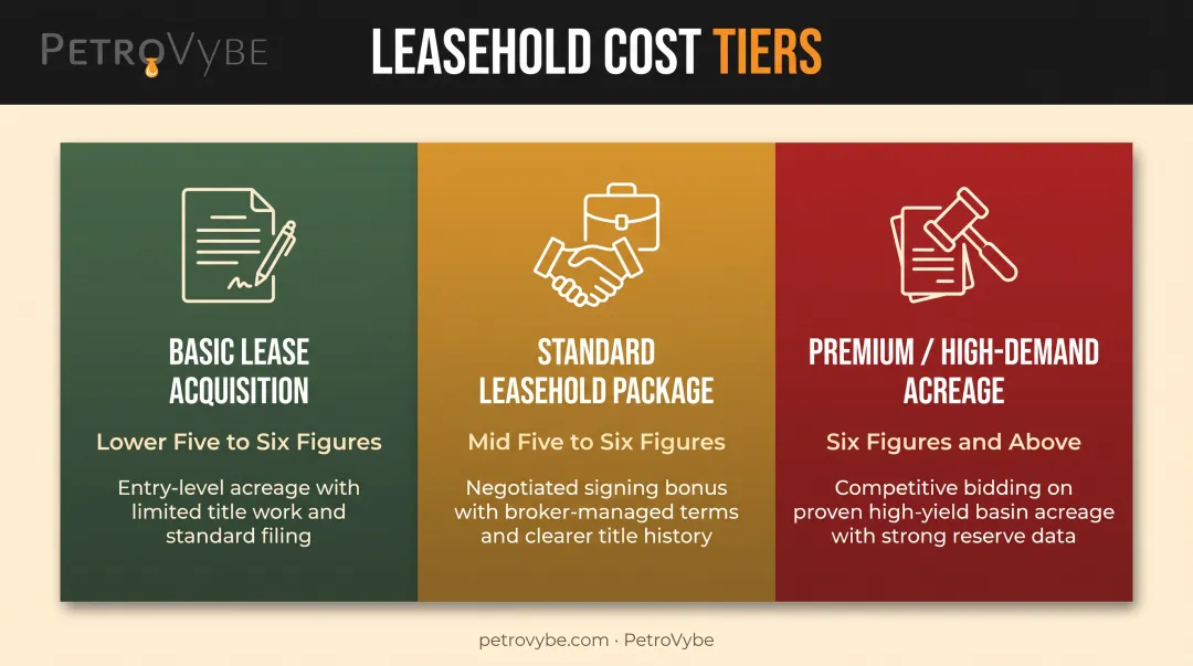 Three-tier oil and gas leasehold cost breakdown from basic to premium acreage