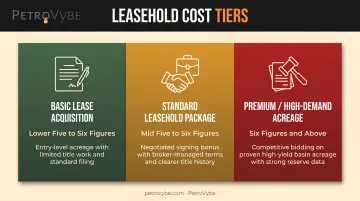 Three-tier oil and gas leasehold cost breakdown from basic to premium acreage