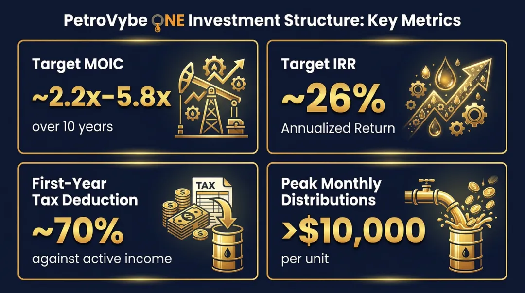PetroVybe ONE oil and gas investment structure showing MOIC IRR tax deduction and distribution targets