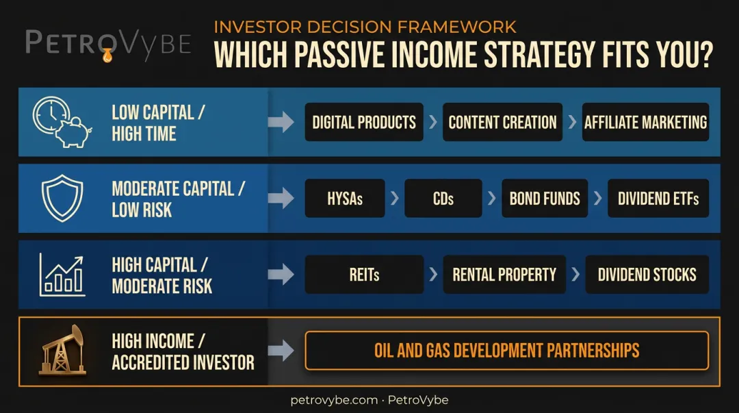 Passive income strategy selection framework matching investor profiles to best-fit income streams