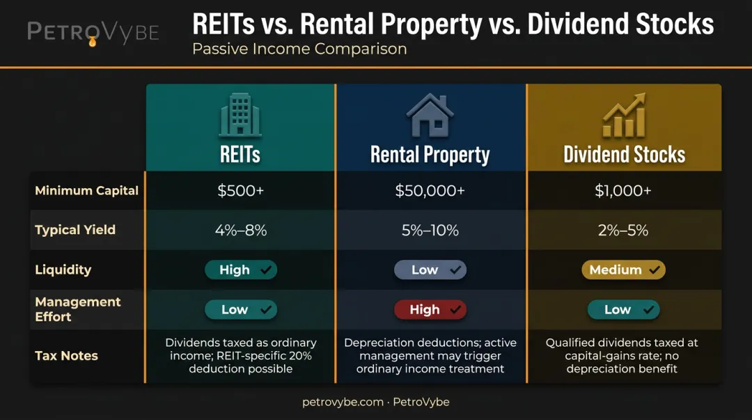 REIT versus rental property versus dividend stocks passive income comparison infographic