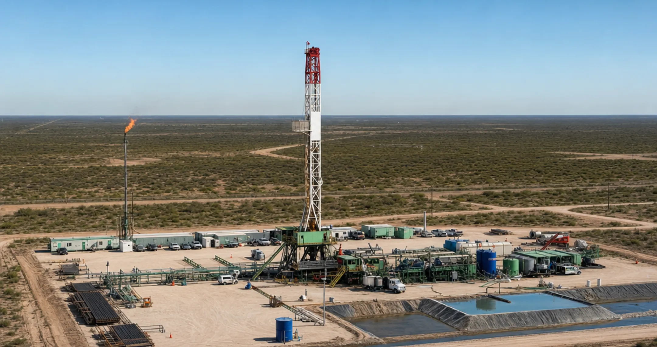 Natural gas drilling rig and well pad in rural Texas oilfield