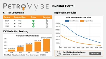 PetroVybe K-1 investor reporting dashboard tracking IDC and depletion