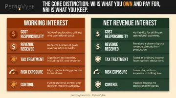 Working interest versus net revenue interest comparison chart with cost and revenue factors