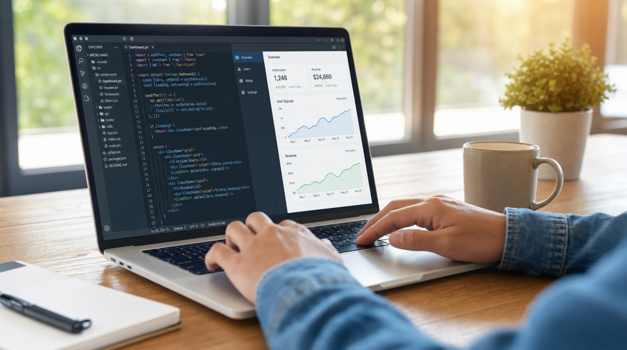 Developer coding a micro-SaaS application on laptop screen
