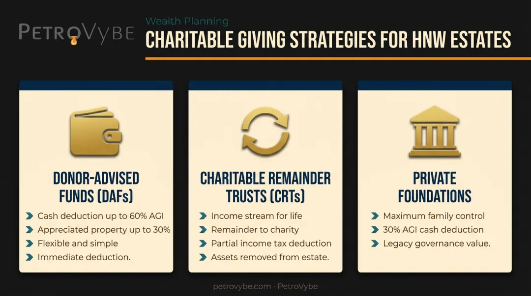 Three charitable giving strategies donor advised funds CRTs private foundations estate tax comparison